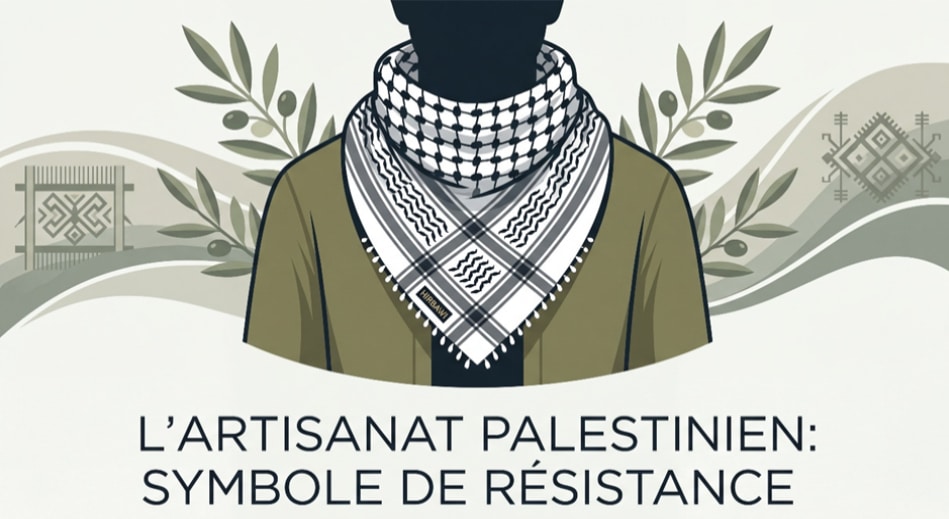 Artisanat palestinien : le keffieh symbole de résistance Keffieh Hirbawi, oliviers et texte L'artisanat palestinien : symbole de résistance illustrant la lutte culturelle.