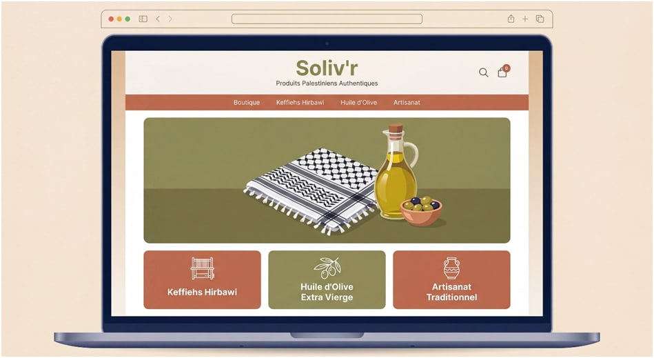 Soliv'r : Boutique en Ligne de Produits Palestiniens Site Soliv'r : vente de keffiehs Hirbawi, huile d'olive extra vierge et artisanat palestinien authentique.
