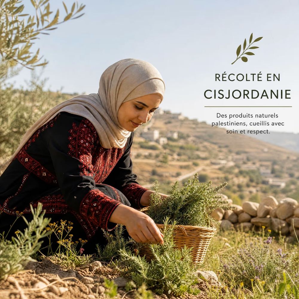 Femme récoltant des herbes en Cisjordanie. Produits naturels palestiniens cueillis avec soin et respect.